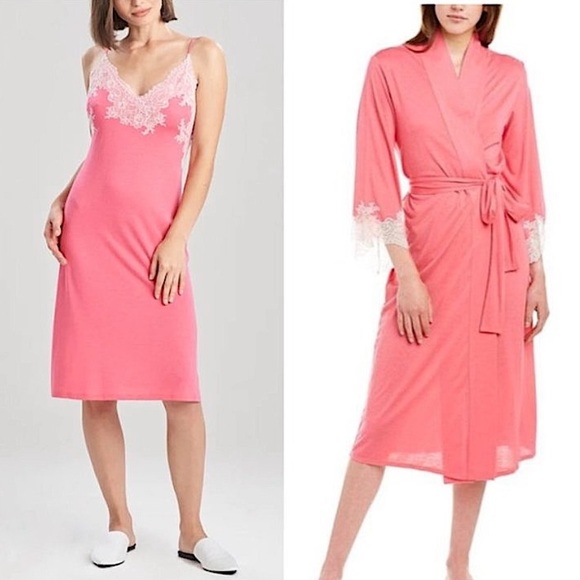 Natori Pink and Lace Trim Gown and Robe Set - Picture 1 of 7